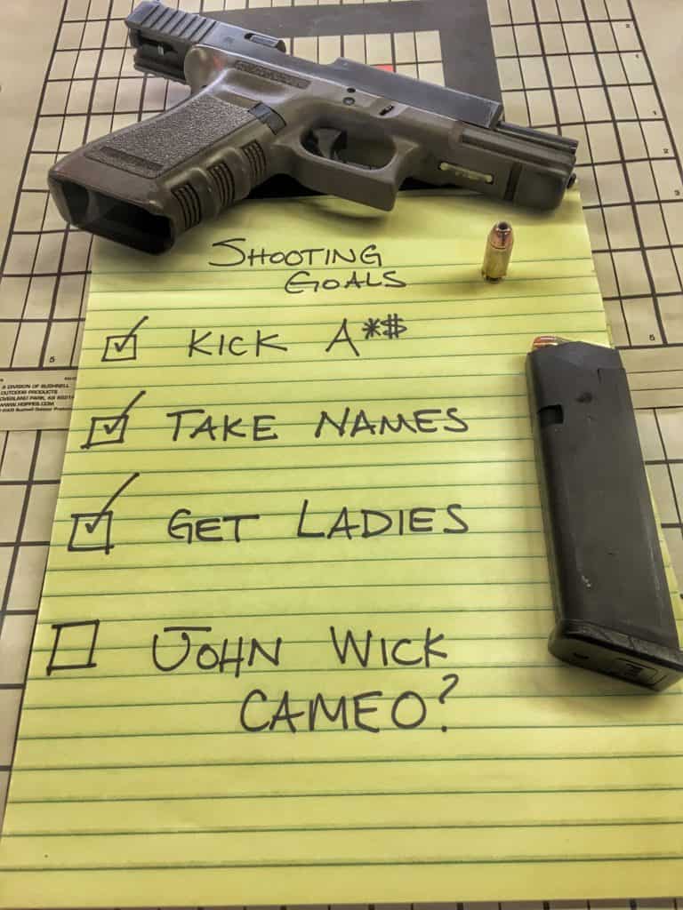 glock pistol with new shooter shooting goal list (joke)